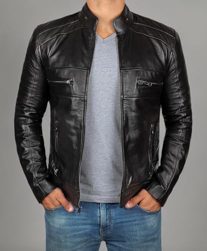 Image of Decrum Mens Cafe Racer Leather Jackets - Motorcycle Racing Style Black And Brown Real Lambskin Jacket for Men