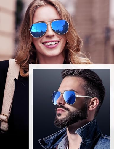 Image of LUENX Mens Womens Aviator sunglasses Polarized & with Case - UV 400 Protection Dark Blue Lens Silver Frame 60mm