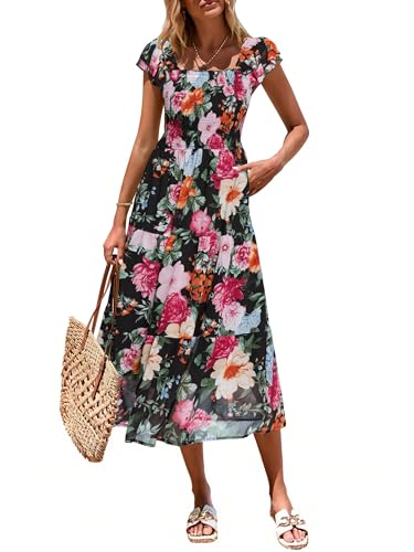 Simplee Women Floral Summer Midi Dress Causal Ruffle Strap Smocked Sleeveless Sundress Boho Long Beach Modest Dresses (Black Floral L)