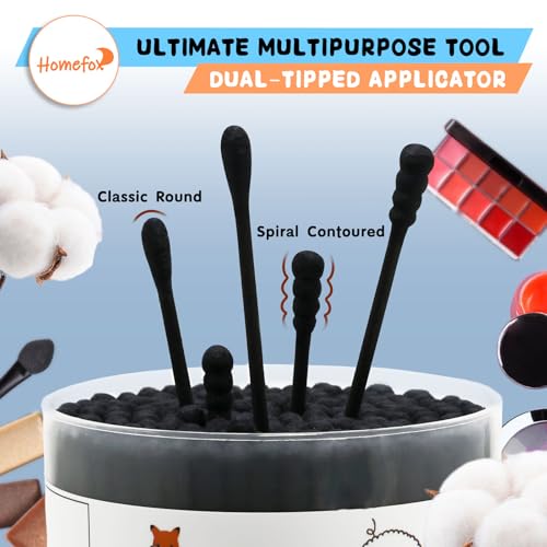 Image of Black Cotton Swabs Spiral - 1000 Count with 1 Container Organic Cotton Buds Double Side Tight Wounded Charcoal Cotton Tip Paper Stick Soft Lint-Free Cruelty-Free Goth, Round & Spiral (Black)
