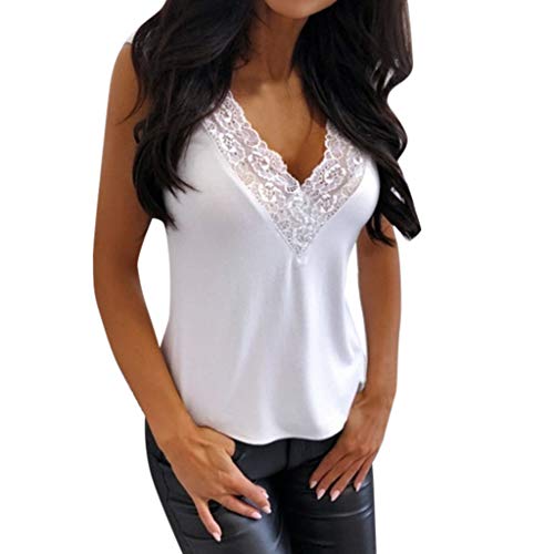 Chic Débardeur Femmes, Femmes Sexy Col v sans Manches en Dentelle Crop Top Vest Tank Shirt Blouse Cami Top, Mode Eté Femmes Solide sans Manches T-Shirt Tops Ba Zha Hei (S, Blanc)