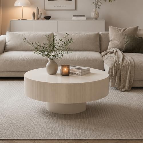 AuraFurn Table basse ronde moderne, avec bords plissés et plateau large, tambour, forme champignon stable et basse avec design linéaire, design cannelé,...