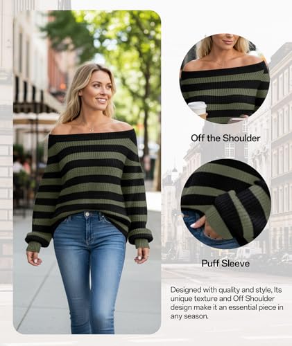 Image of MARZXIN Women's 2026 Fall Long Sleeve Sweaters Casual Loose Striped Off Shoulder Casual Oversized Knitted Sweater Pullovers