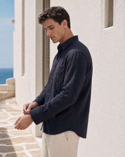 Image of Nobero Breezy Premium Linen Cotton Shirt for Men | Stylish Casual Shirts for Men | Semi Cut Collar | Box Pleat | Curved Hem | Regular Fit | Full Sleeve | S-XXXL