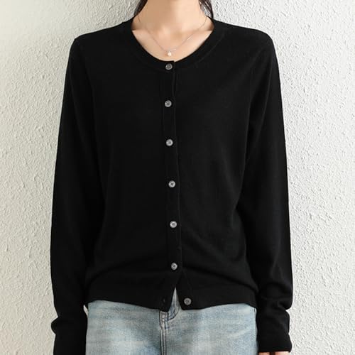 Women's 100% Merino Wool Crew Neck Cardigan Sweater Top Long Sleeve Button Down 20252