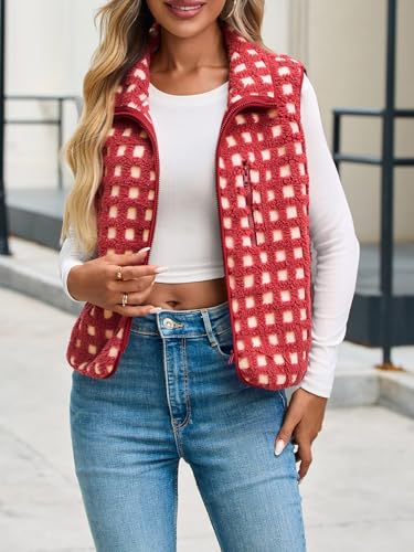Tankaneo Womens Checkered Sherpa Vest Fleece Fuzzy Zip Up Sleeveless Jacket Casual 2025 Winter Warm Outwear4