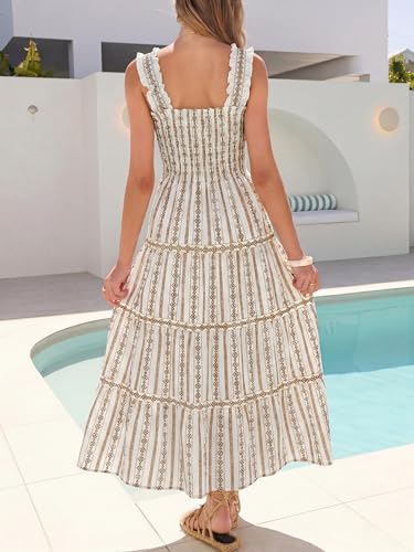 Image of Caracilia Womens Summer Maxi Dresses Floral Smocked Sleeveless Ruffle Boho Casual Flowy Aline Beach Vacation Long Sundress