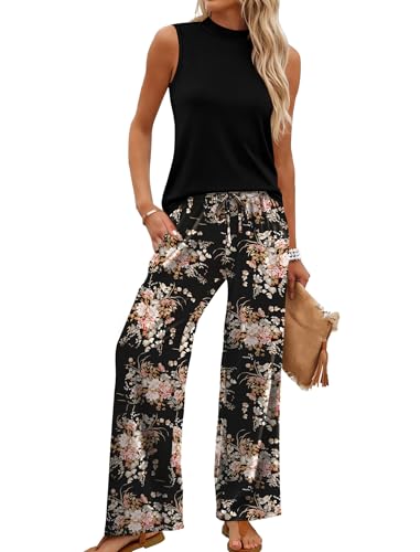 WIHOLL 2 Piece Set for Women Summer Spring Outfits Cruise Travel Airport Beach Vacation Clothes Trendy Lounge Sets Mock Neck Matching Women Clothing Wide Leg Pants Set M - view 2