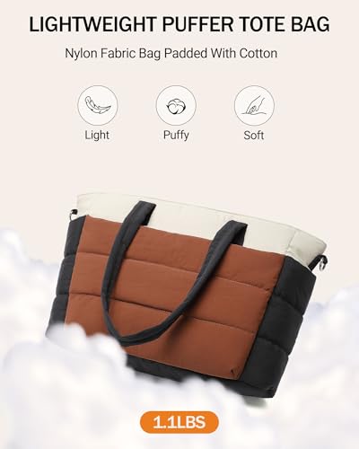 Tote Bag for Women 2PCS, Puffer Quilted Shoulder Bag Handbag with Laptop Compartment Detachable Purse for Travel Gym3