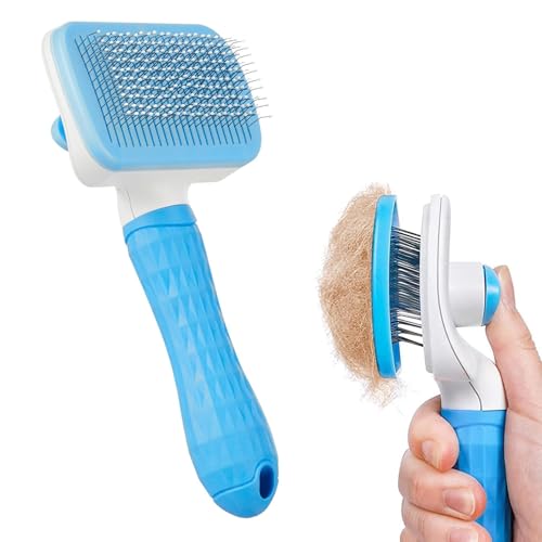 Image of Self Cleaning Slicker Pet Grooming Brush Dogs & Cats | Soft Grip Handle for Shedding and Massage with Beaded Bristles