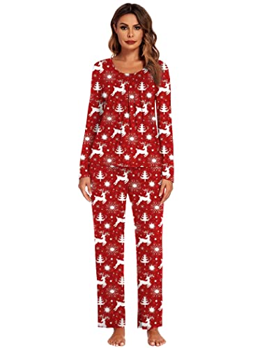 Ekouaer Pajama Sets Long Sleeve Sleepwear Womens Two Pieces Pleated Nightwear Soft Pj Lounge Sets Christmas #TOP1