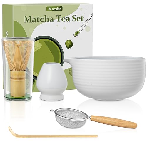 Zecaveler Matcha-Teeservice, Matcha-Set 5-teilig, Matcha-Besen, Matcha-Schale aus Keramik, zeremonielles Matcha-Set, japanisches Matcha-Teeservice,Matcha-Sieb, Matcha-Löffel, Matcha-Ständer