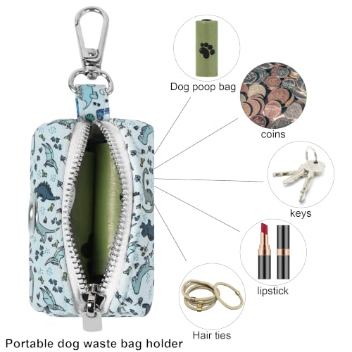 Image of ARING PET Dinosaur Dog Poop Bag Holder, Cotton Puppy Blue Dino Waste Bag Dispenser Attach to Any Leashes, Portable Washable Pet Waste Pouch Holder with Two Rolls of Bags