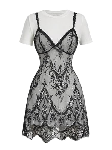 Verdusa Womens Y2k 2 in 1 Lace Dress Short Sleeve T Shirts Dresses Summer Going Out Outfits Black and White Small