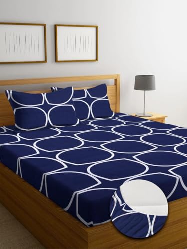 Image of Blue Strip 300 TC Cotton Feel Glace Cotton Elastic Fitted Printed King Size Double Bed Bedsheet with 2 Pillow Covers Fits Upto 9 inches,Size- 72x78x9 Inches