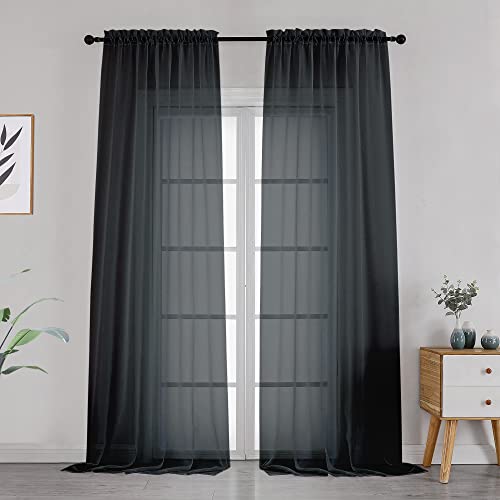 Image of OVZME Black Sheer Curtains Dark Color Curtain Panels for Living Room, Light Reducing Sheer Curtains 108 inch Length 2 Panels Set Rod Pocket Window Panels