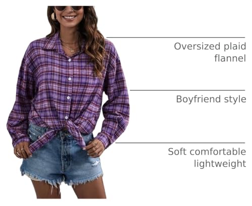 Image of HangNiFang Womens Flannel Plaid Shirts Oversized Button Shirts Blouse Tops