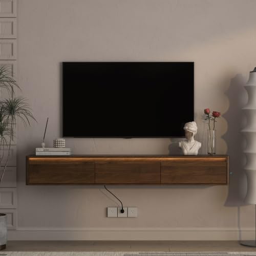 Floating TV Stand Wall Mounted Media Console with LED Light Strip & Power Outlet, Modern Wooden TV Shelf with 3 Power Sockets & 2 USB Ports, Wall Hanging TV Cabinet with Storage for Living Room,