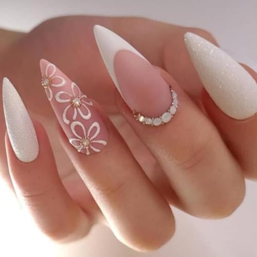 Image of Flower Press on Nails White French Tip Fake Nails Long Stiletto False Nails with Rhinestone Design Nude Glue on Nail Glossy Artificial Acrylic Full Cover Glitter Stick on Nail for Women Manicure