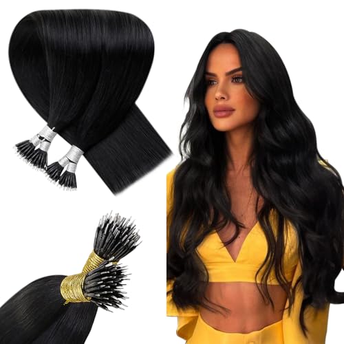 Hetto Nano Hair Extensions Real Human Hair Black 22 Inch, Natural Invisible Nano Beads Extensions