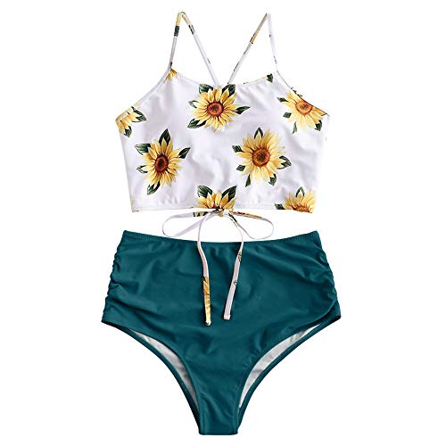 ZAFUL Women's Sunflower Tankini Set Adjustable Criss Cross Straps Bikini Ruched High Waisted Bathing Suit Greenish Blue XXL