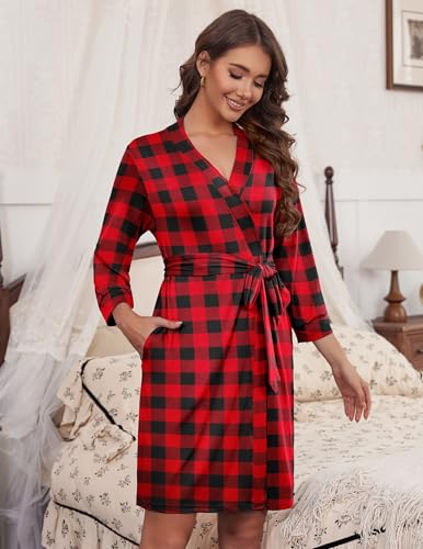 Image of HOTOUCH Womens Robe Lightweight Short Knit Bathrobe Soft Ladies Sleepwear with Pockets