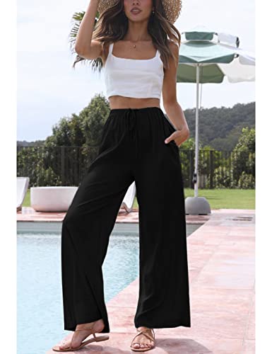 Himosyber Women Cotton Linen Pants Wide Leg High Waist Flowy Summer Beach Drawstring Pant Trouser2