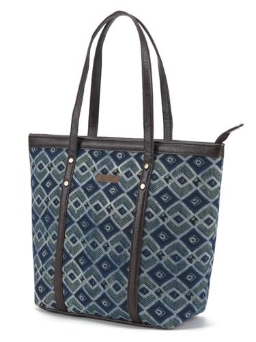 Image of NEPRI Printed Office Tote Bag | Laptop Bag 15.6 inch | Stylish Tote Bags for Office Use | Purse for Women | Vegan Leather & Handblock Printed Fabric Handbag | Daily & Travel Use