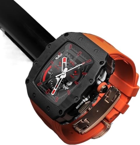 CJPXWCLC Caja de reloj de fibra de carbono de lujo + kit de modificación de correa de reloj de goma fluorada, para 44 mm, 45 mm, correa de reloj deportivo y funda de reloj, para iWatch Series 8, 7, 6,