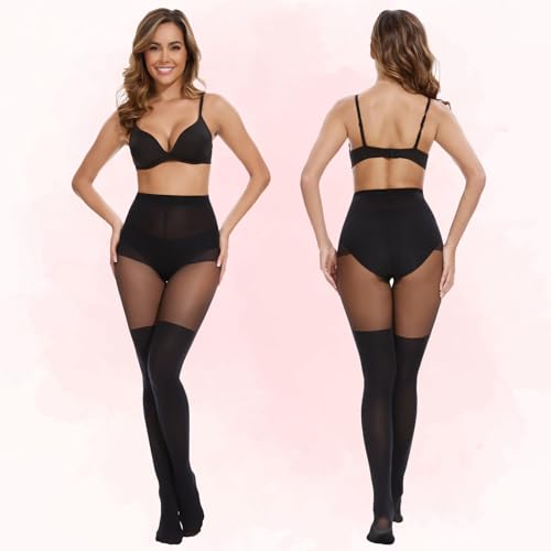 MANZI Women's Faux Thigh High Tights Mock Over the Knee Socks Black Opaque Goth Tights Stitching Sheer Pantyhose