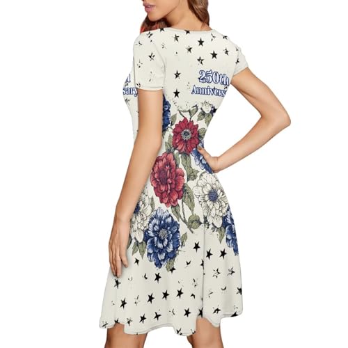 Image of POLERO Women Puffy Swing Elegant Party Midi Dresses Short Sleeve Round Neck A-Line Dress