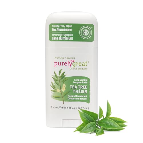 Purelygreat - Tea Tree Scented Natural Deodorant Stick, Travel-Friendly Hygiene Essentials for Women, Natural Deodorant for Men Without Aluminum & Parabens, 2.64 oz / 75 g