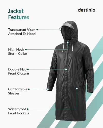 Image of Destinio Poncho for Men, Poncho for Women-Thick Waterproof PVC, Rain Coat, Reusable - Transparent Pocket Raincoat with Hood, Full Cover for Bag in Travel, Trekking, Bike Riders