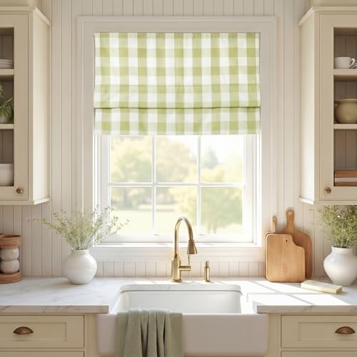 Image of TWOPAGES No Drill Cordless Buffalo Plaid Roman Shades Gingham Checkered Roman Blinds for Windows, Custom Made Room Darkening Blinds Farmhouse Shades, Olivine Grid, 1 Piece