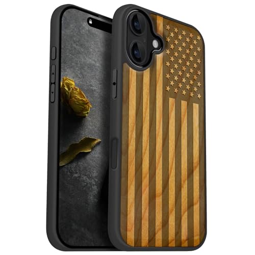 Image of Carveit Wood Case for iPhone 16 Plus, The Classic American Flag, Cherry | Magnetic iPhone 16 Plus Case Compatible with MagSafe Wireless Chargers, Engraved Wood with Soft TPU Shockproof Bumper