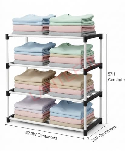 Image of 4 Tier Plastic Shelf Organizer for Wardrobe, Adjustable Almirah Divider for Clothes Storage, Multipurpose Cupboard Rack,Multi use Bookshelf,Collapsible Wardrobe,Kids Rack Cabinet Children stand