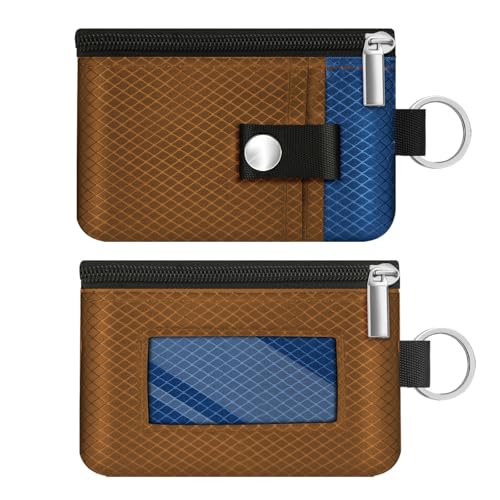 Image of Minimalist RFID Blocking Small Wallet with ID Window,WaterResistant Zip Id Case Wallet with Lanyard Keychain for Cards,Cash,Travel,Women,Men (Brown /Electric Blue)