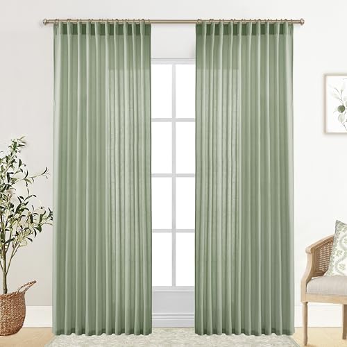 Image of XTMYI Country Curtains for Living Room,Sheer Linen Curtains for Bedroom 90 Inches Long,70 Inches Wide Sage Green