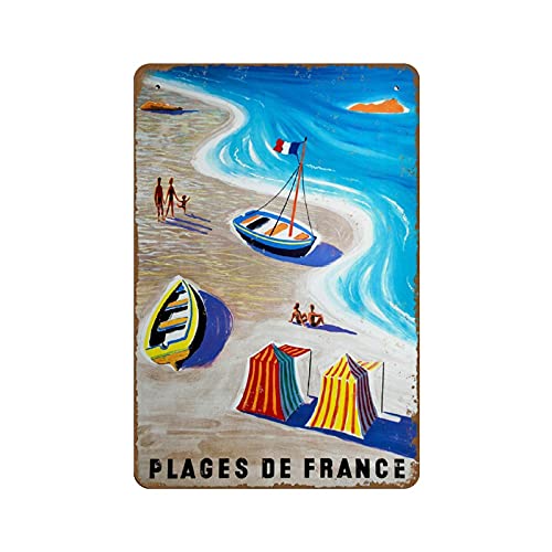 Beaches of France Vintage French Travel Poster Novelty Tin Metal Sign Plaque Bar Pub Vintage Retro Wall Decor Poster Home Group Porch Metal Sign Lobby Metal Sign Prayer Metal Sign 140mmx200mm Cover