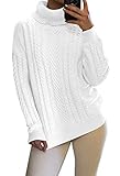 Sovoyontee Women's 100% Cotton Funnel White Turtleneck Cable Knit Pullover Sweater Large