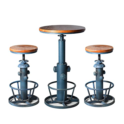 Topower 3 Piece Pub Bar Set Retro Round Bar Table And Stools For 2 Height Adjustable Pub Table And Stools Match Bar Height And Counter Barstool Antique Blue(1 Table + 2 Chairs) #TOP25