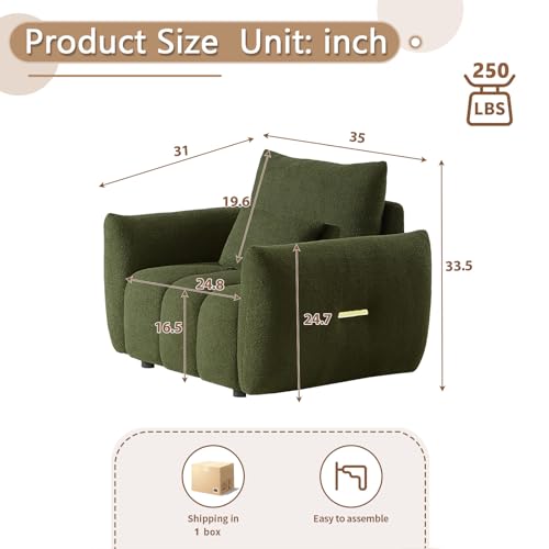 Image of Antetek 35 inch Modern Accent Single Sofa Chair, Comfy Deep Seat Teddy Fabric Living Room Chair, Leisure Boucle Reading Sofa Arm Chair for Bedroom, Office, Apartment, Green