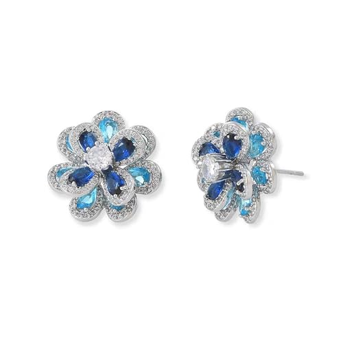Luxury Blue CZ Flower Stud Earrings for Women Sensitive Ear 925 Sterling Silver Post Colorful Cubic Zirconia Camellia Birthstone Studs Hypoallergenic Fashion Jewelry Valentine's Day Gift Her