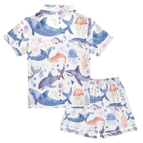 ALAZA Shark Fish Jellyfish Pajamas Satin Pajama Set Short Sleeve Button Down Sleepwear2