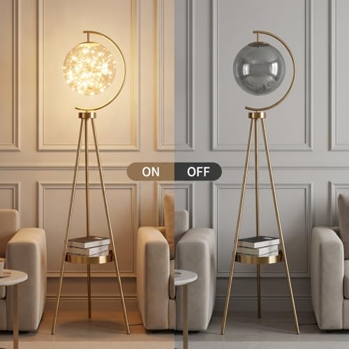 Image of Floor Lamp for Living Room | 3-Color CCT (Warm + Natural + Cold White) | Gold Metal Tripod with Glass Globe | LED Standing Lamp