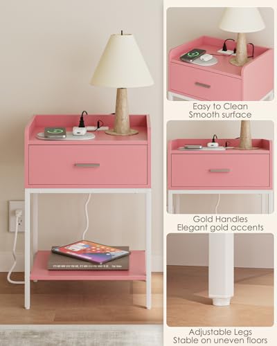 Image of Masupu Nightstand with Charging Station,3-Tier Modern Bedside Night Stand with Storage Drawer and Shelf,Small End Side Table for Bedroom,Living Room,Pink and White