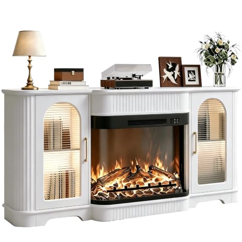 RNLRNL 70" Fluted TV Stand with 30" Curved Electric Fireplace, White | Modern Entertainment Center Up to 80" TV, Glass Door Cabinet, Metal Handle, Wooden Media Console with Cabinet for Living Room