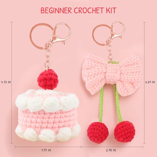 Image of HOUSE CREATIVITY Crochet Keychain Kit for Beginners - Make 2 Cute Cake & Bow Charms, Amigurumi Crochet Starter Kit with Video Tutorial, Yarn & Keyring, DIY Bag Charm Gift
