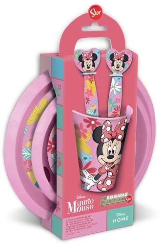 Disney Set Pappa 5 pezzi rosa in plastica Minnie Topolina piatti bicchiere posate