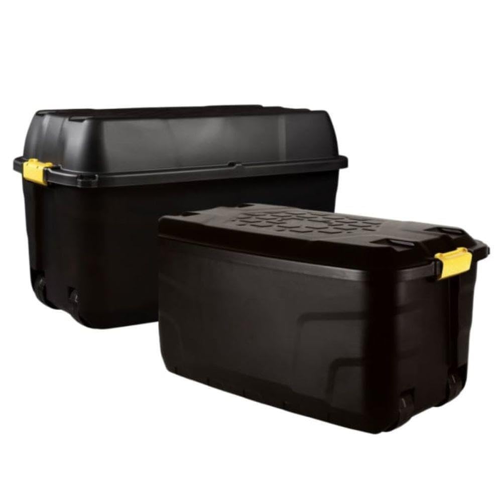 Original Organics Black Heavy Duty Plastic Storage Boxes With Wheels – 145L And 175L, Large Lockable Storage Trunks With Waterproof Lids For Garden, Garage And Home Storage, Set Of 2